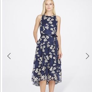TAHARI navy and gold tea length cocktail dress.